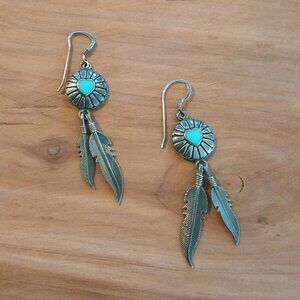 Turquoise and Silver Feather Drop Earrings